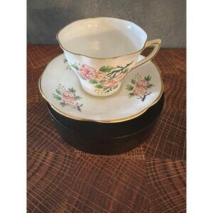 VTG Clare Bone China Pink Apple Blossom Cup & Saucer1950s England 22K Gold Gilt